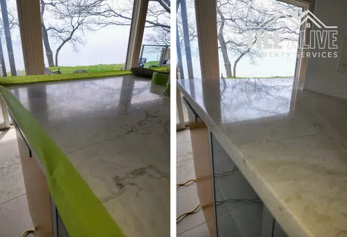 before and after natural stone countertop polishing